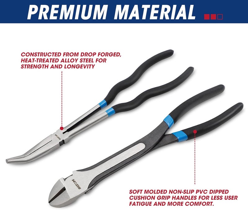 Rizom 5-Piece 11 Inch Long Needle Nose Pliers Set, Extra Long Reach Pliers Set, 45°&90° Bent Needle Nose Pliers, Circle Nose and Diagonal Pliers for Narrow Spaces and Limited Areas - Image 2